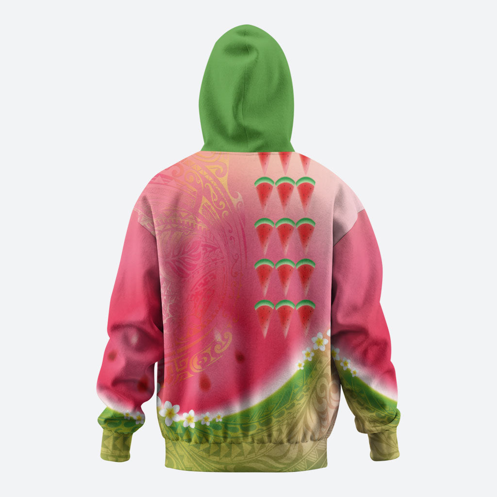 Hawaiian Watermelon Zip Hoodie with Kakau Art Tattoo