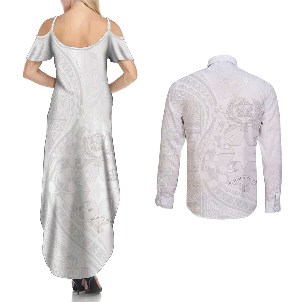 Tonga Faka Sepitema Couples Matching Summer Maxi Dress and Long Sleeve Button Shirt Ngatu Pattern with Plumeria and Hibiscus