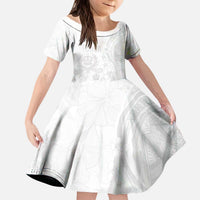 Tonga Faka Sepitema Kid Short Sleeve Dress Ngatu Pattern with Plumeria and Hibiscus LT03 KID White - Polynesian Pride