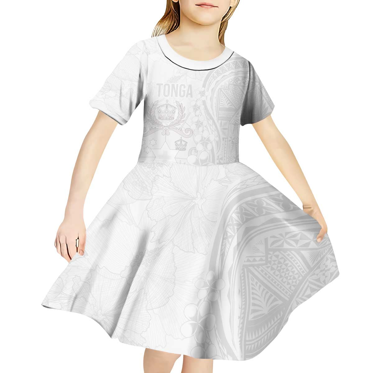 Tonga Faka Sepitema Kid Short Sleeve Dress Ngatu Pattern with Plumeria and Hibiscus LT03 - Polynesian Pride