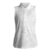 Tonga Faka Sepitema Women Sleeveless Polo Shirt Ngatu Pattern with Plumeria and Hibiscus LT03 Female White - Polynesian Pride
