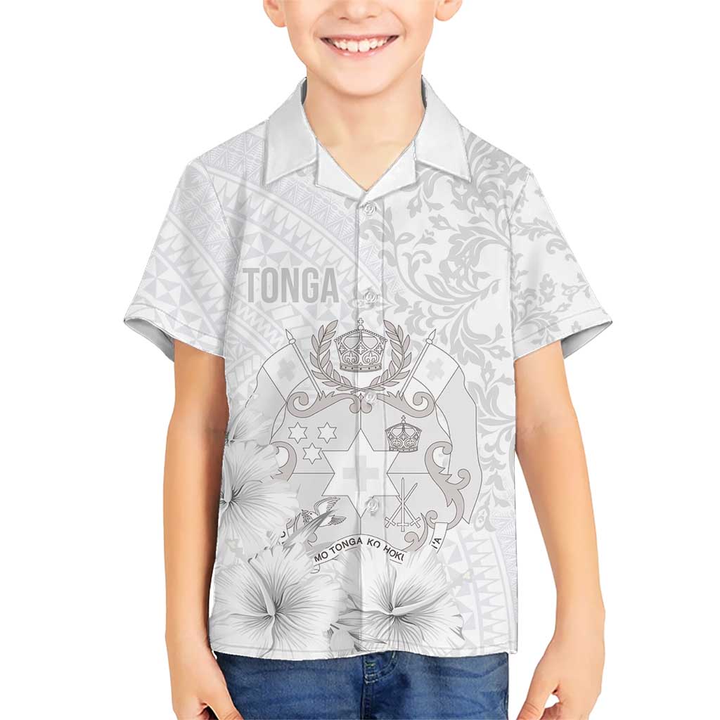 Tonga Faka Sepitema Kid Hawaiian Shirt Ngatu and Floral Pattern with Blooming Hibiscus LT03 Kid White - Polynesian Pride