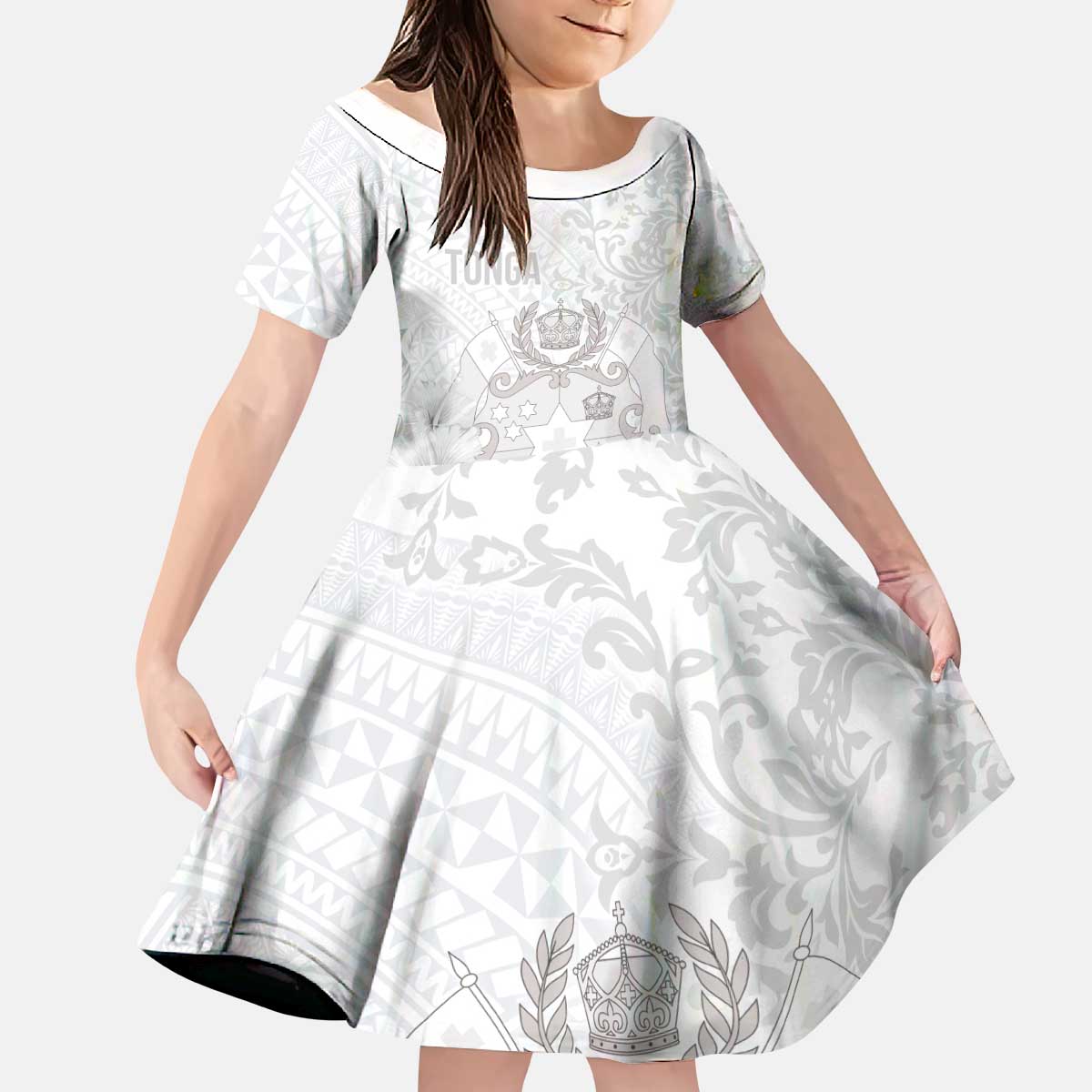 Tonga Faka Sepitema Kid Short Sleeve Dress Ngatu and Floral Pattern with Blooming Hibiscus LT03 KID White - Polynesian Pride