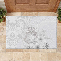 Tonga Faka Sepitema Rubber Doormat Ngatu and Floral Pattern with Blooming Hibiscus LT03 White - Polynesian Pride