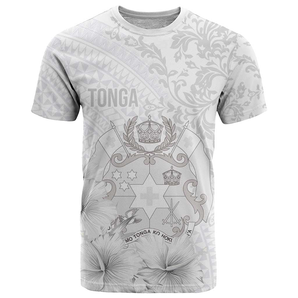 Tonga Faka Sepitema T Shirt Ngatu and Floral Pattern with Blooming Hibiscus LT03 White - Polynesian Pride