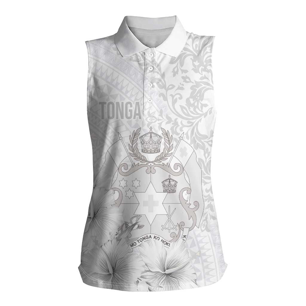 Tonga Faka Sepitema Women Sleeveless Polo Shirt Ngatu and Floral Pattern with Blooming Hibiscus LT03 Female White - Polynesian Pride