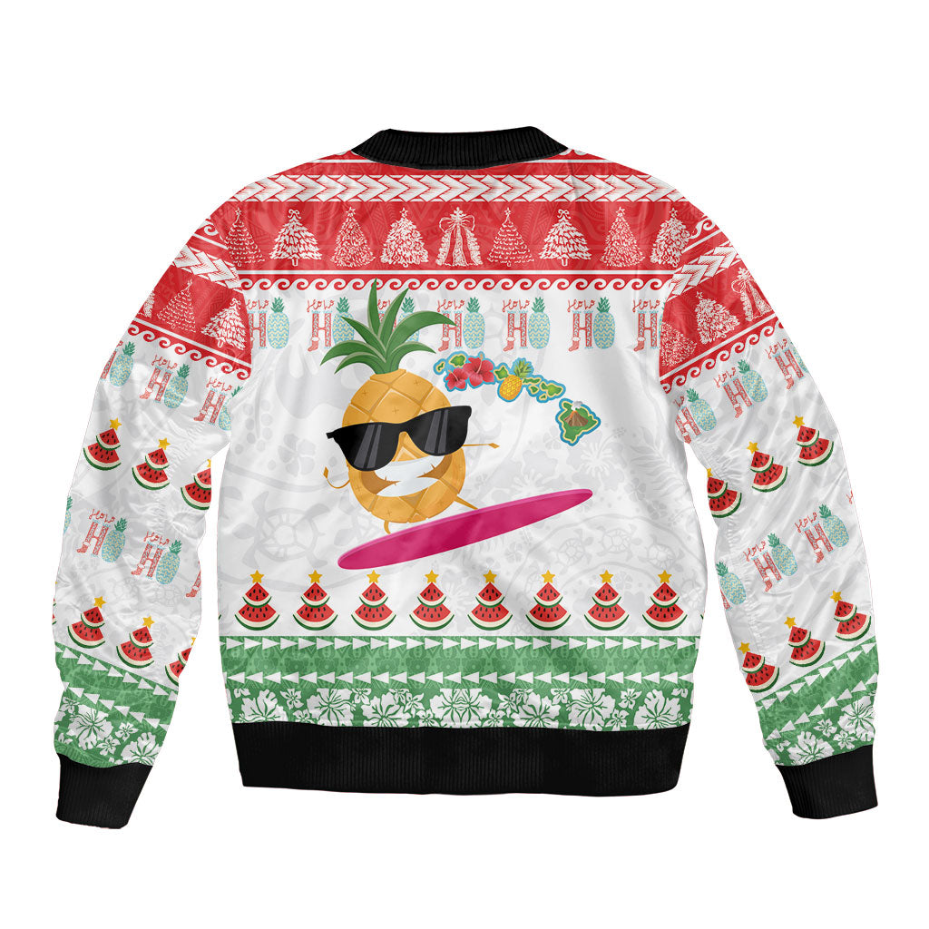 Hawaiian Mele Kalikimaka Bomber Jacket Funny Pineapple Surfing with Map Christmas Stripe Elements LT03 - Polynesian Pride