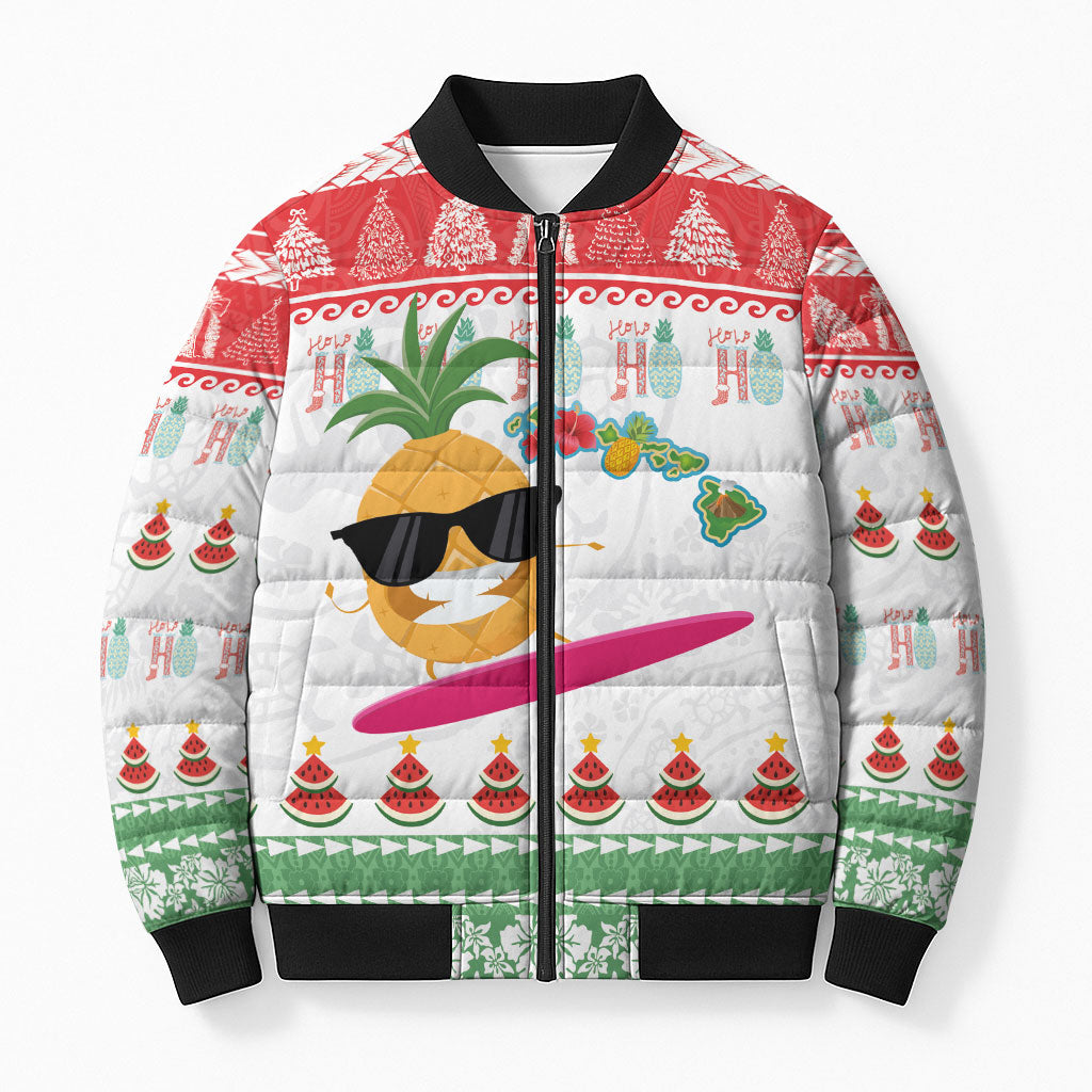Hawaiian Mele Kalikimaka Bomber Puffer Jacket Funny Pineapple Surfing with Map Christmas Stripe Elements LT03 Unisex Multicolor - Polynesian Pride