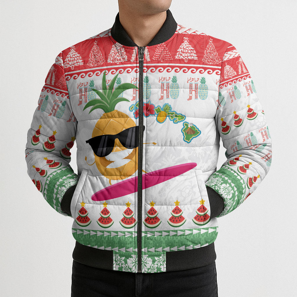 Hawaiian Mele Kalikimaka Bomber Puffer Jacket Funny Pineapple Surfing with Map Christmas Stripe Elements LT03 - Polynesian Pride