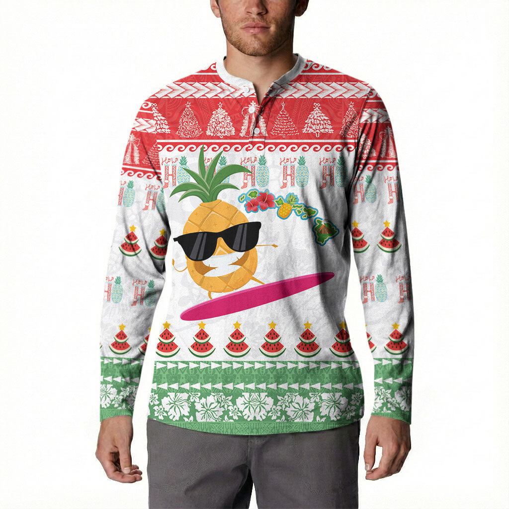 Hawaiian Mele Kalikimaka Button Sweatshirt Funny Pineapple Surfing with Map Christmas Stripe Elements LT03 - Polynesian Pride