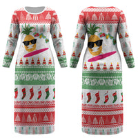 Hawaiian Mele Kalikimaka Couples Matching Long Sleeve Bodycon Dress and Hawaiian Shirt Funny Pineapple Surfing with Map Christmas Stripe Elements LT03 - Polynesian Pride