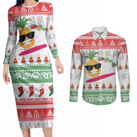 Hawaiian Mele Kalikimaka Couples Matching Long Sleeve Bodycon Dress and Long Sleeve Button Shirt Funny Pineapple Surfing with Map Christmas Stripe Elements LT03 Multicolor - Polynesian Pride