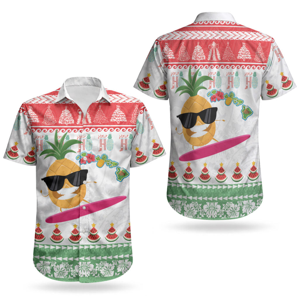 Hawaiian Mele Kalikimaka Couples Matching Off Shoulder Maxi Dress and Hawaiian Shirt Funny Pineapple Surfing with Map Christmas Stripe Elements LT03 - Polynesian Pride
