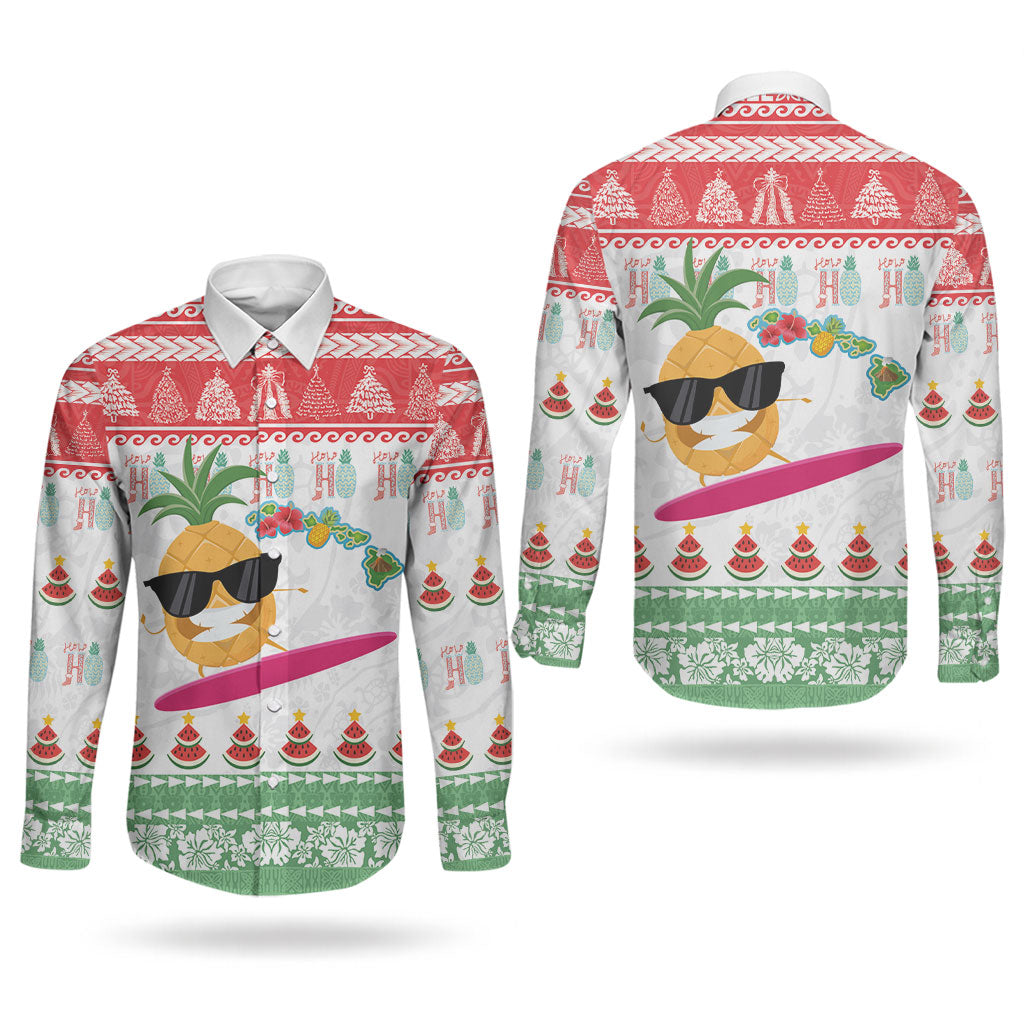 Hawaiian Mele Kalikimaka Couples Matching Short Sleeve Bodycon Dress and Long Sleeve Button Shirt Funny Pineapple Surfing with Map Christmas Stripe Elements LT03 - Polynesian Pride