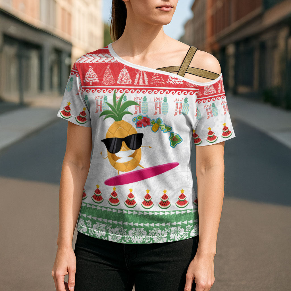 Hawaiian Mele Kalikimaka Cross Shoulder Shirt Funny Pineapple Surfing with Map Christmas Stripe Elements LT03 - Polynesian Pride
