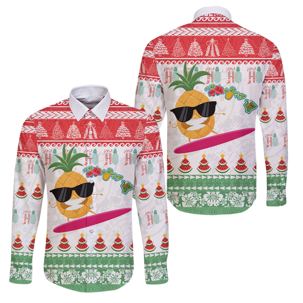 Hawaiian Mele Kalikimaka Family Matching Mermaid Dress and Hawaiian Shirt Funny Pineapple Surfing with Map Christmas Stripe Elements LT03 Dad's Shirt - Long Sleeve Multicolor - Polynesian Pride