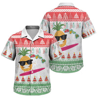 Hawaiian Mele Kalikimaka Family Matching Off The Shoulder Long Sleeve Dress and Hawaiian Shirt Funny Pineapple Surfing with Map Christmas Stripe Elements LT03 Son's Shirt Multicolor - Polynesian Pride