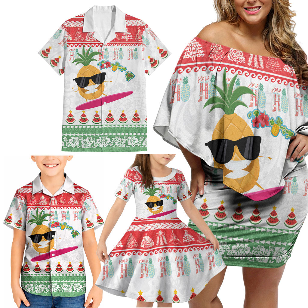 Hawaiian Mele Kalikimaka Family Matching Off Shoulder Short Dress and Hawaiian Shirt Funny Pineapple Surfing with Map Christmas Stripe Elements LT03 - Polynesian Pride