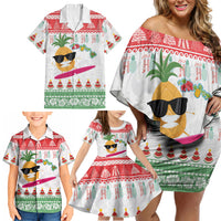 Hawaiian Mele Kalikimaka Family Matching Off Shoulder Short Dress and Hawaiian Shirt Funny Pineapple Surfing with Map Christmas Stripe Elements LT03 - Polynesian Pride