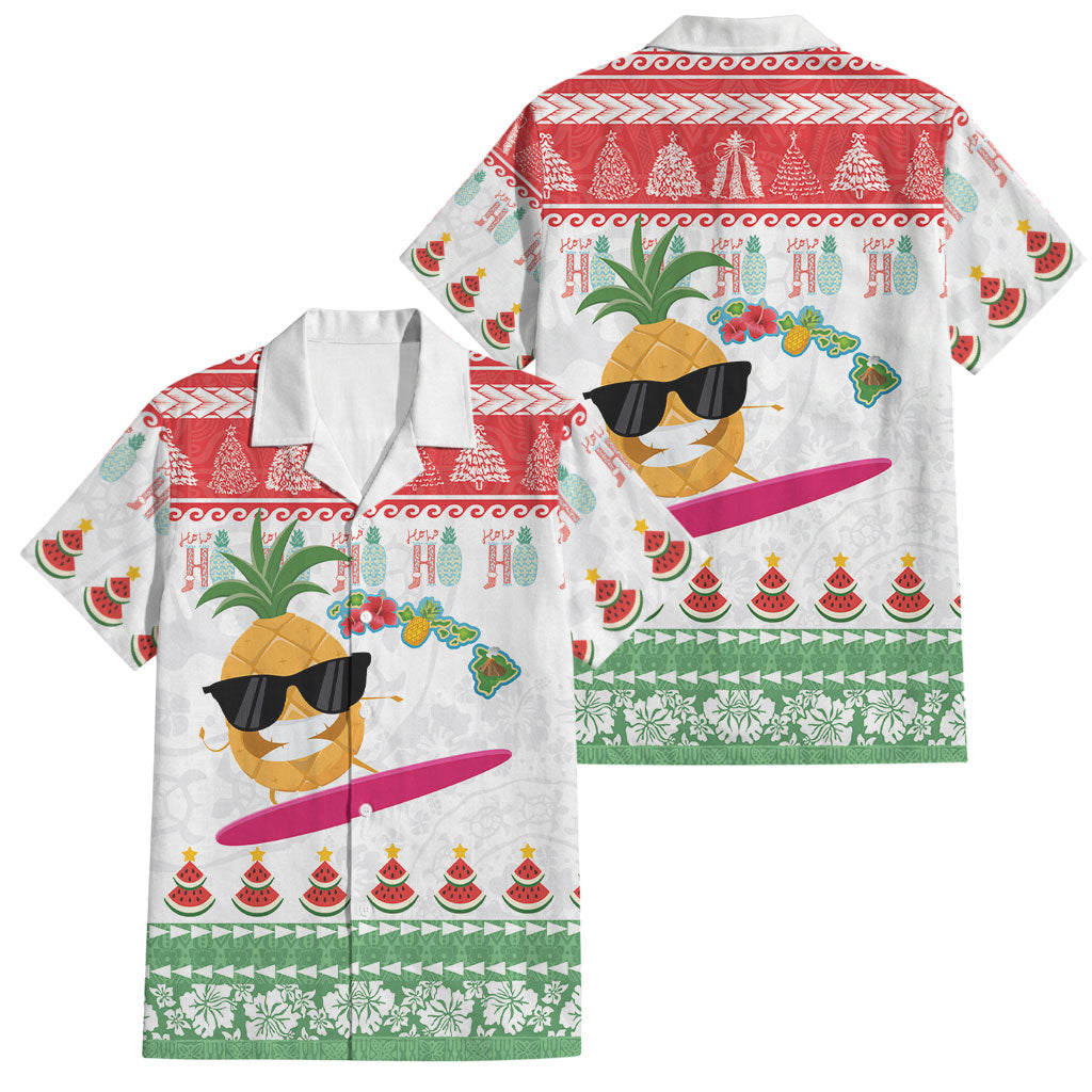 Hawaiian Mele Kalikimaka Family Matching Puletasi and Hawaiian Shirt Funny Pineapple Surfing with Map Christmas Stripe Elements LT03 Dad's Shirt - Short Sleeve Multicolor - Polynesian Pride