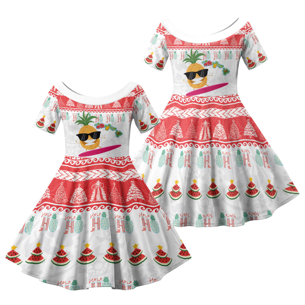 Hawaiian Mele Kalikimaka Family Matching Summer Maxi Dress and Hawaiian Shirt Funny Pineapple Surfing with Map Christmas Stripe Elements LT03 Daughter's Dress Multicolor - Polynesian Pride