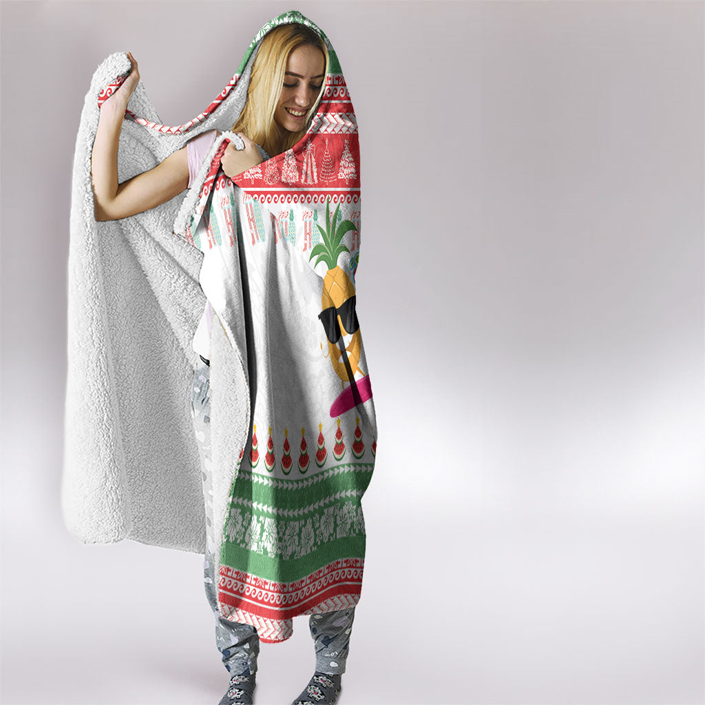 Hawaiian Mele Kalikimaka Hooded Blanket Funny Pineapple Surfing with Map Christmas Stripe Elements LT03 - Polynesian Pride