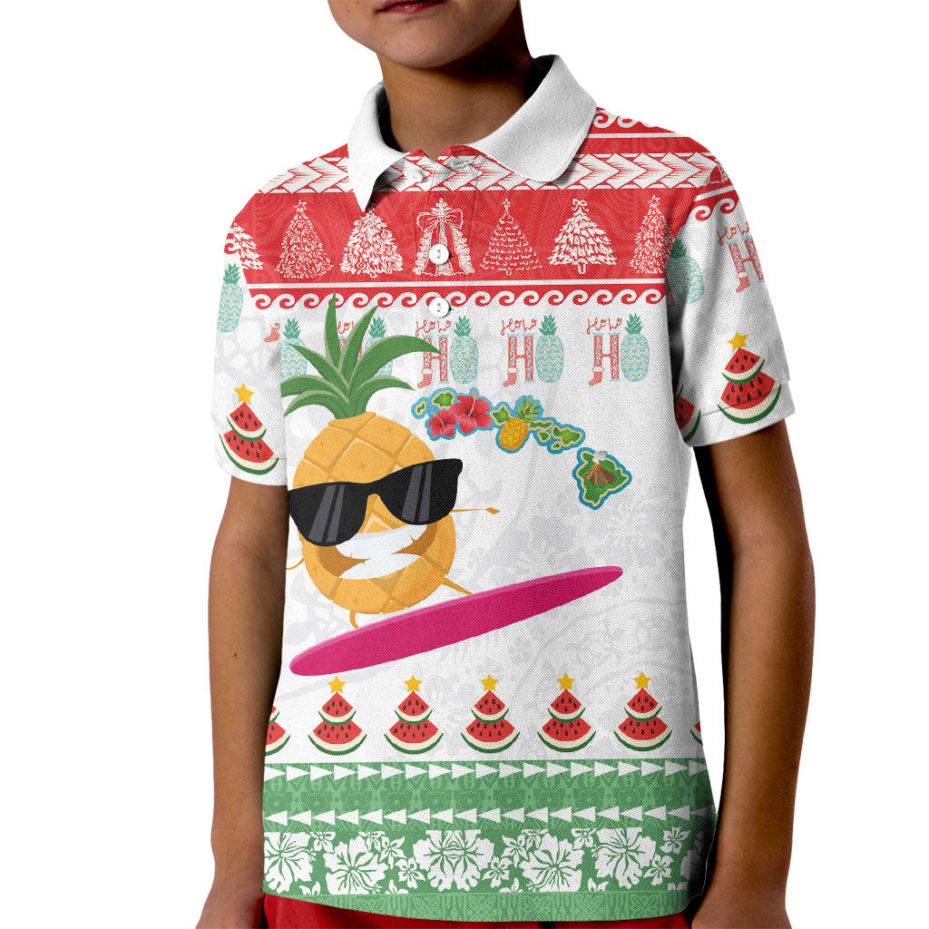 Hawaiian Mele Kalikimaka Kid Polo Shirt Funny Pineapple Surfing with Map Christmas Stripe Elements LT03 Kid Multicolor - Polynesian Pride