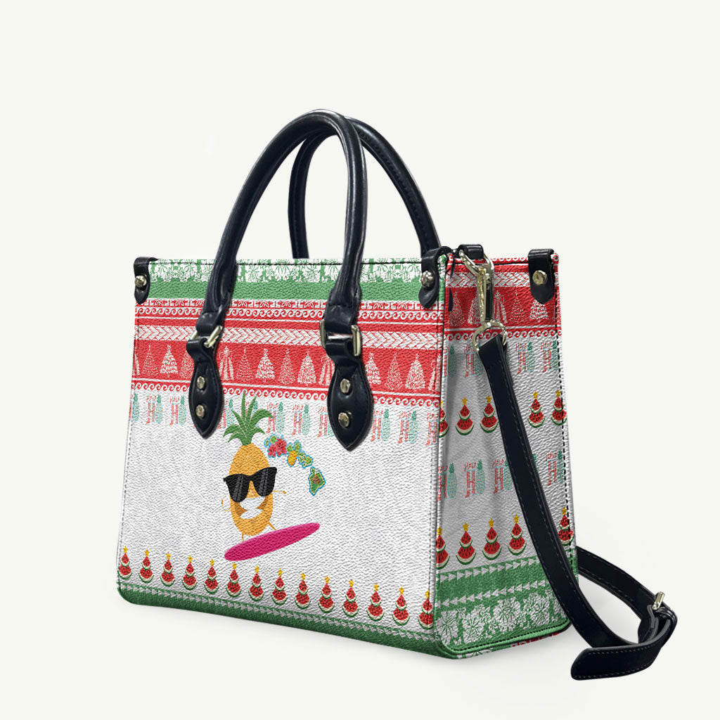 Hawaiian Mele Kalikimaka Leather Bag Funny Pineapple Surfing with Map Christmas Stripe Elements LT03 Multicolor - Polynesian Pride