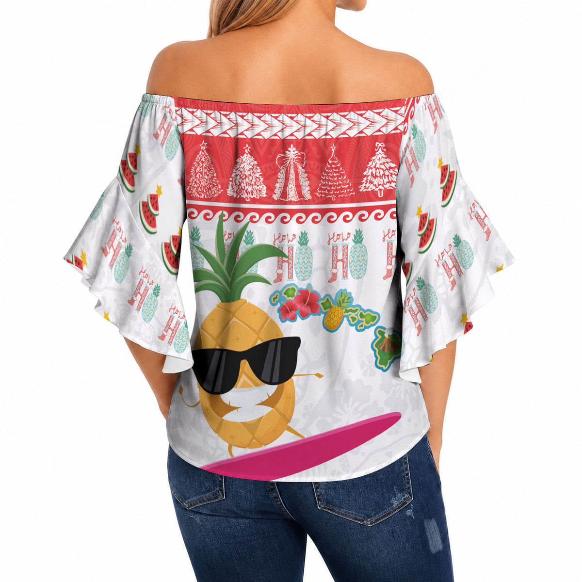Hawaiian Mele Kalikimaka Off Shoulder Wrap Waist Top Funny Pineapple Surfing with Map Christmas Stripe Elements LT03 - Polynesian Pride