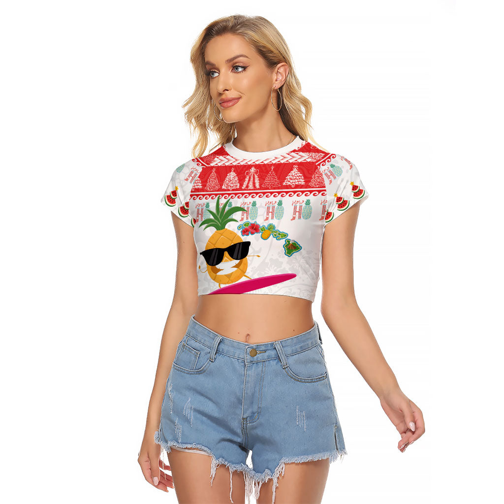 Hawaiian Mele Kalikimaka Raglan Cropped T Shirt Funny Pineapple Surfing with Map Christmas Stripe Elements LT03 Female Multicolor - Polynesian Pride