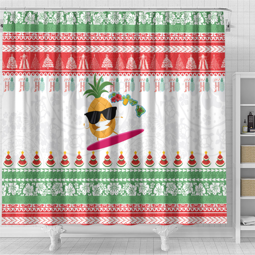Hawaiian Mele Kalikimaka Shower Curtain Funny Pineapple Surfing with Map Christmas Stripe Elements LT03 - Polynesian Pride