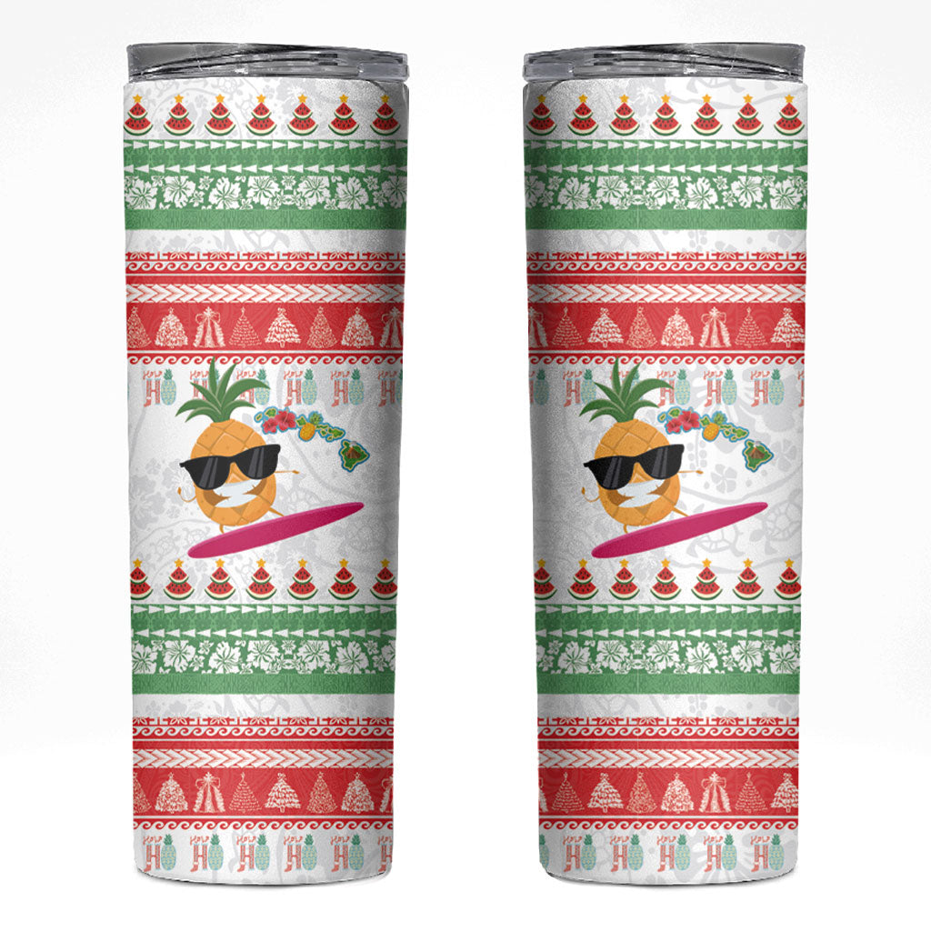 Hawaiian Mele Kalikimaka Skinny Tumbler Funny Pineapple Surfing with Map Christmas Stripe Elements LT03 Multicolor - Polynesian Pride