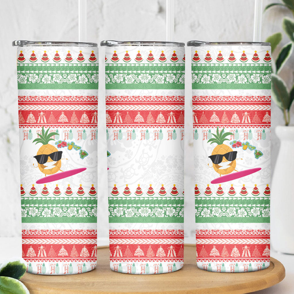 Hawaiian Mele Kalikimaka Skinny Tumbler Funny Pineapple Surfing with Map Christmas Stripe Elements LT03 - Polynesian Pride