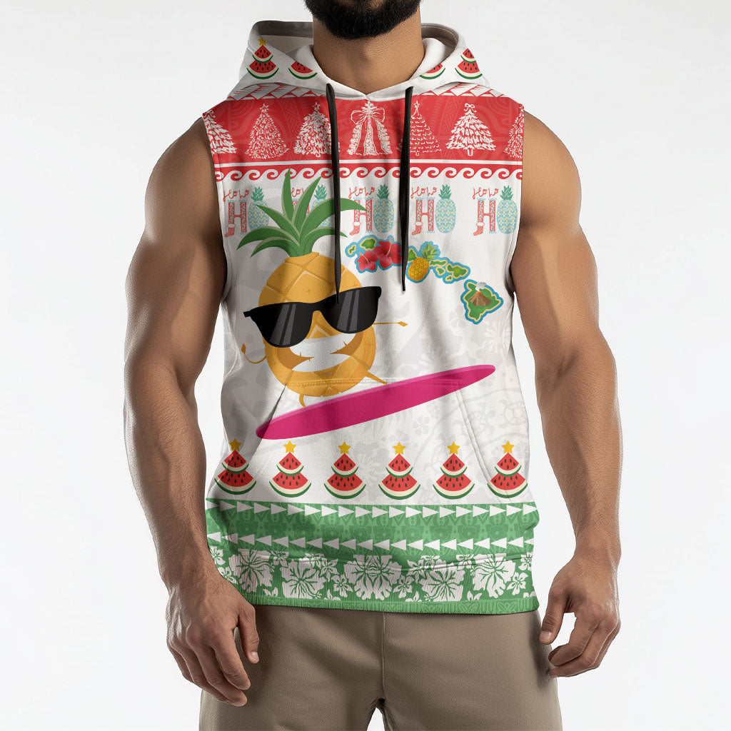 Hawaiian Mele Kalikimaka Sleeveless Hoodie Funny Pineapple Surfing with Map Christmas Stripe Elements LT03 - Polynesian Pride
