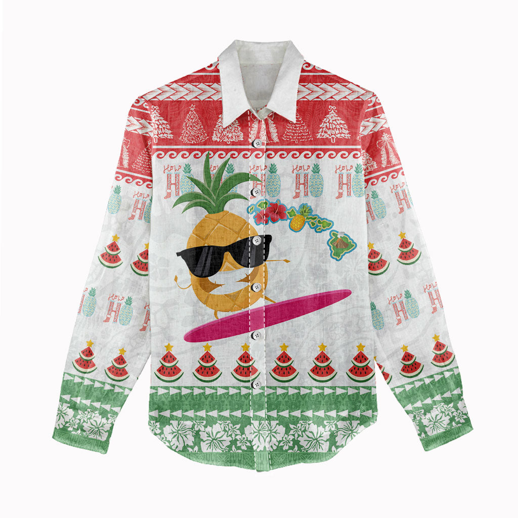 Hawaiian Mele Kalikimaka Women Casual Shirt Funny Pineapple Surfing with Map Christmas Stripe Elements LT03 - Polynesian Pride