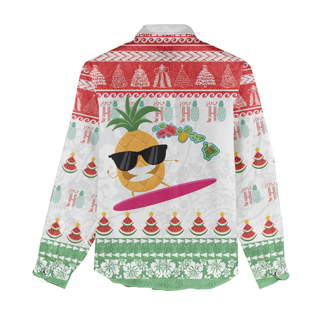 Hawaiian Mele Kalikimaka Women Casual Shirt Funny Pineapple Surfing with Map Christmas Stripe Elements LT03 - Polynesian Pride
