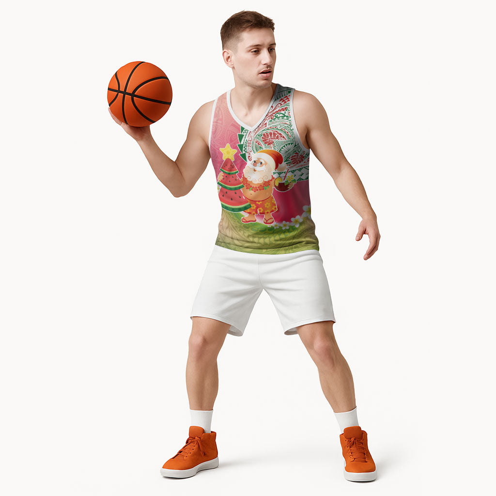Hawaiian Watermelon Mele Kalikimaka Basketball Jersey Tropical Tribal Pattern with Funny Santa Claus LT03 - Polynesian Pride