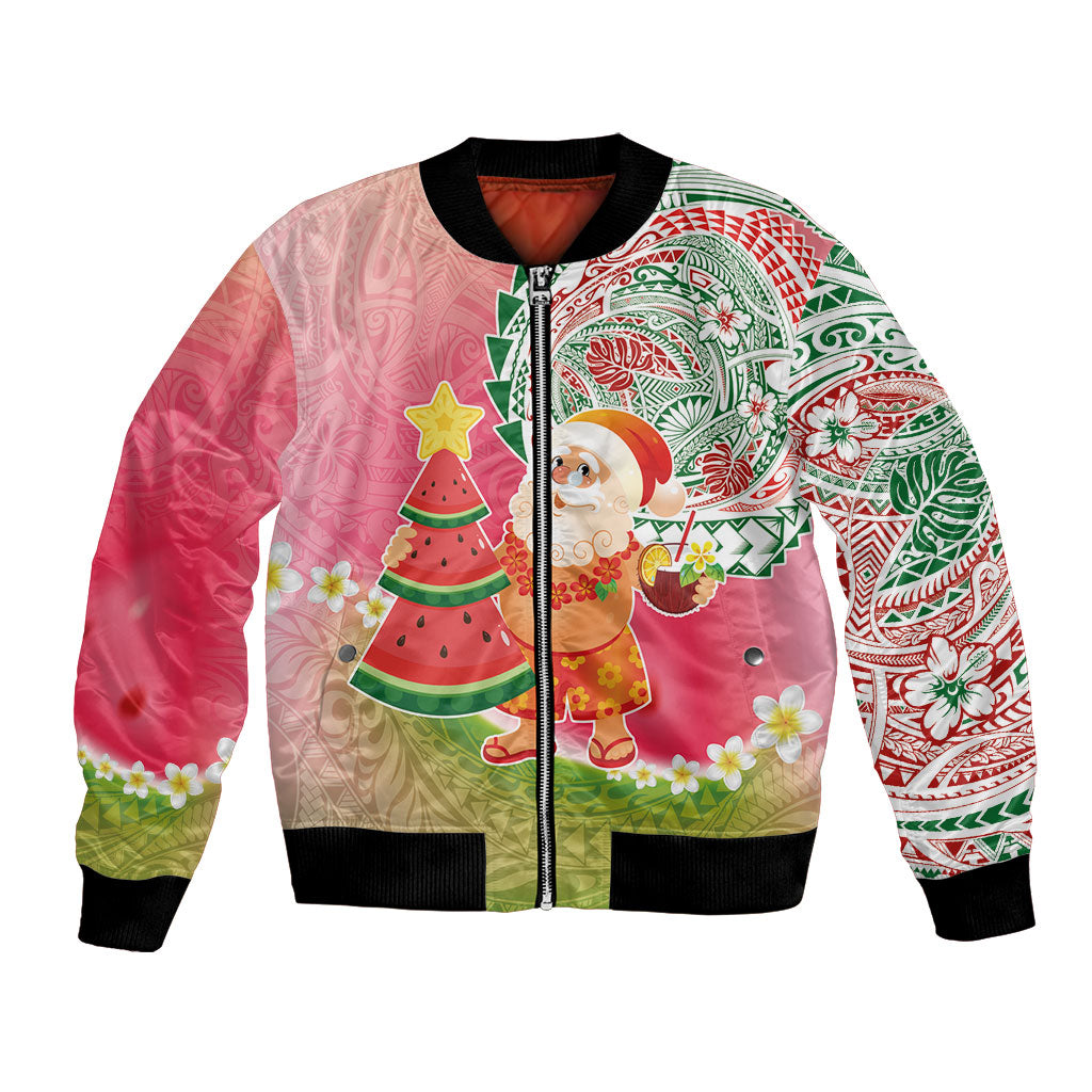 Hawaiian Watermelon Mele Kalikimaka Bomber Jacket Tropical Tribal Pattern with Funny Santa Claus LT03 Unisex Multicolor - Polynesian Pride