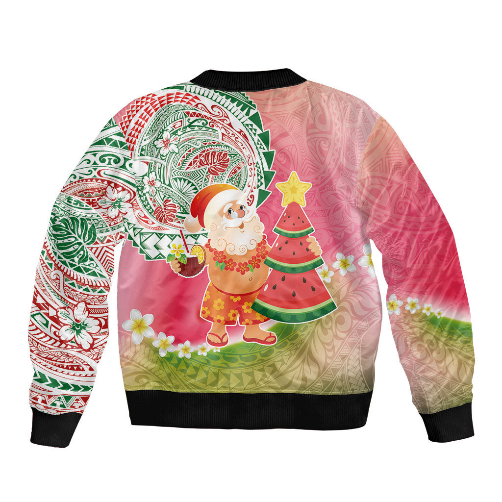 Hawaiian Watermelon Mele Kalikimaka Bomber Jacket Tropical Tribal Pattern with Funny Santa Claus LT03 - Polynesian Pride