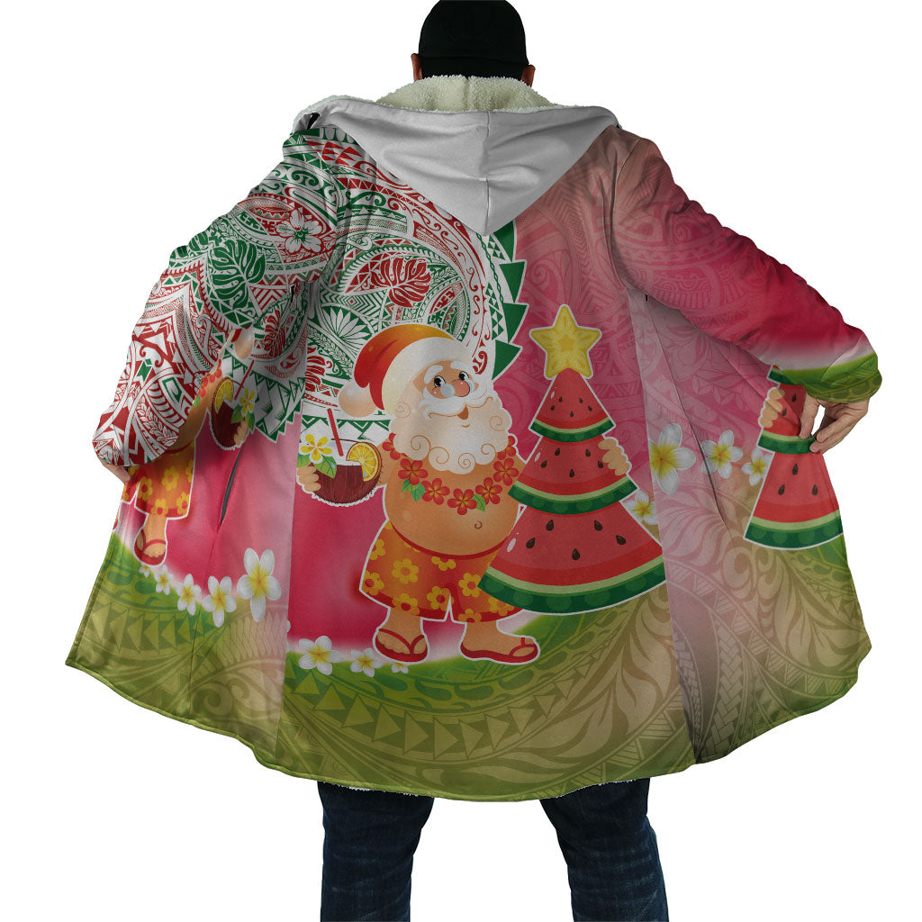 Hawaiian Watermelon Mele Kalikimaka Cloak Tropical Tribal Pattern with Funny Santa Claus LT03 - Polynesian Pride