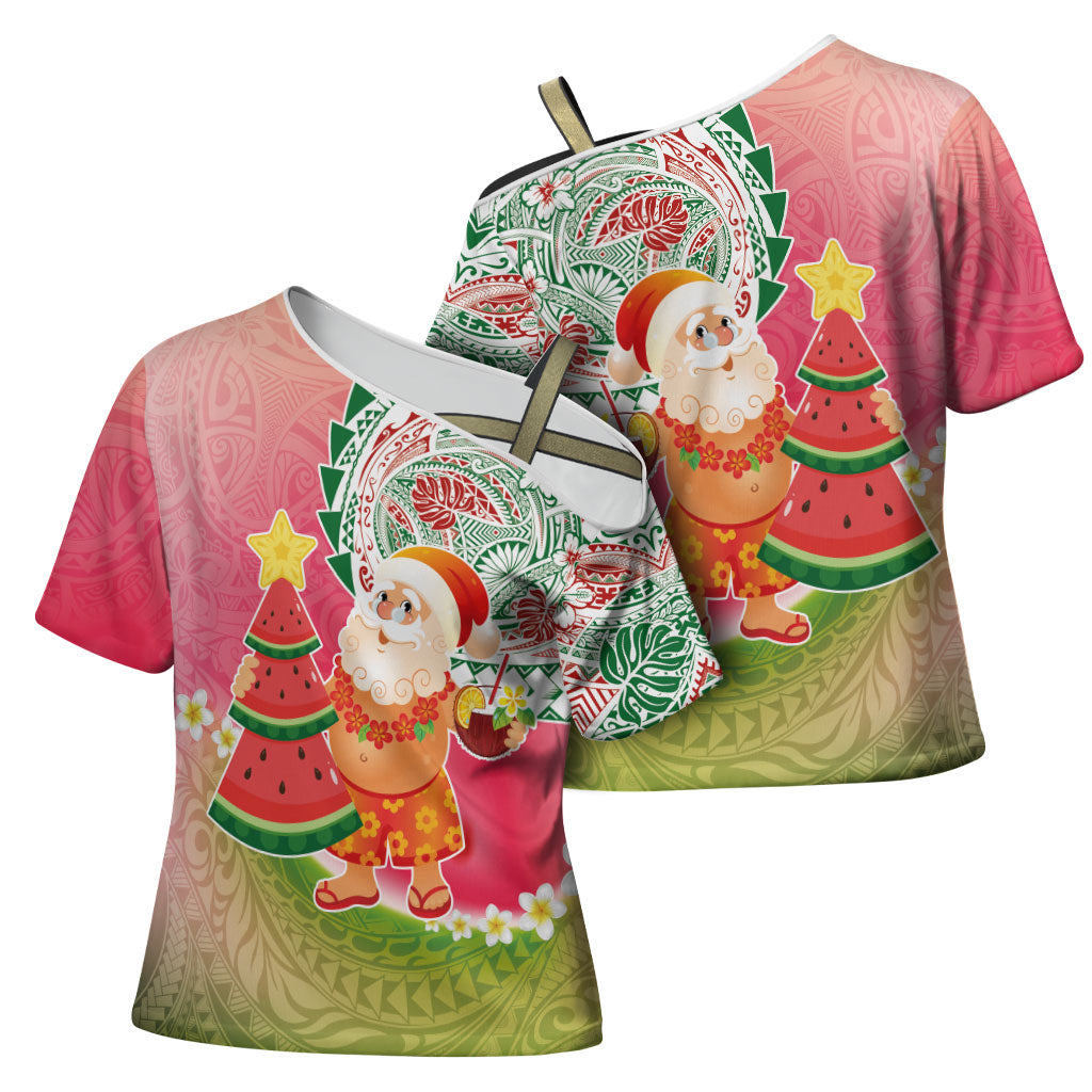 Hawaiian Watermelon Mele Kalikimaka Cross Shoulder Shirt Tropical Tribal Pattern with Funny Santa Claus LT03 - Polynesian Pride