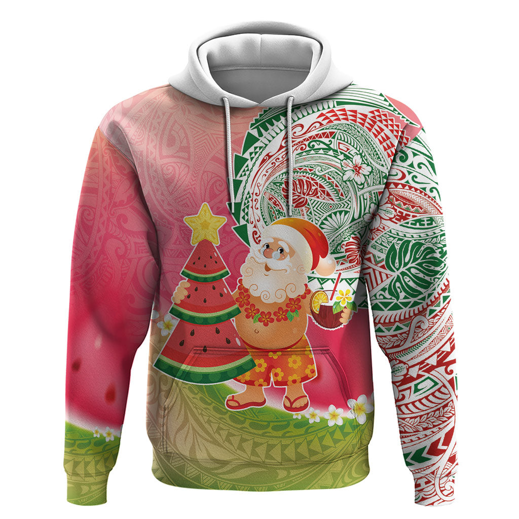 Hawaiian Watermelon Mele Kalikimaka Hoodie Tropical Tribal Pattern with Funny Santa Claus LT03 Pullover Hoodie Multicolor - Polynesian Pride