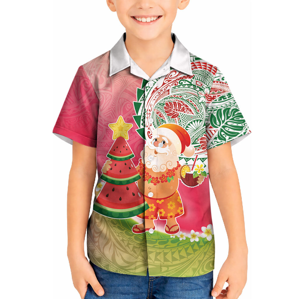 Hawaiian Watermelon Mele Kalikimaka Kid Hawaiian Shirt Tropical Tribal Pattern with Funny Santa Claus LT03 Kid Multicolor - Polynesian Pride