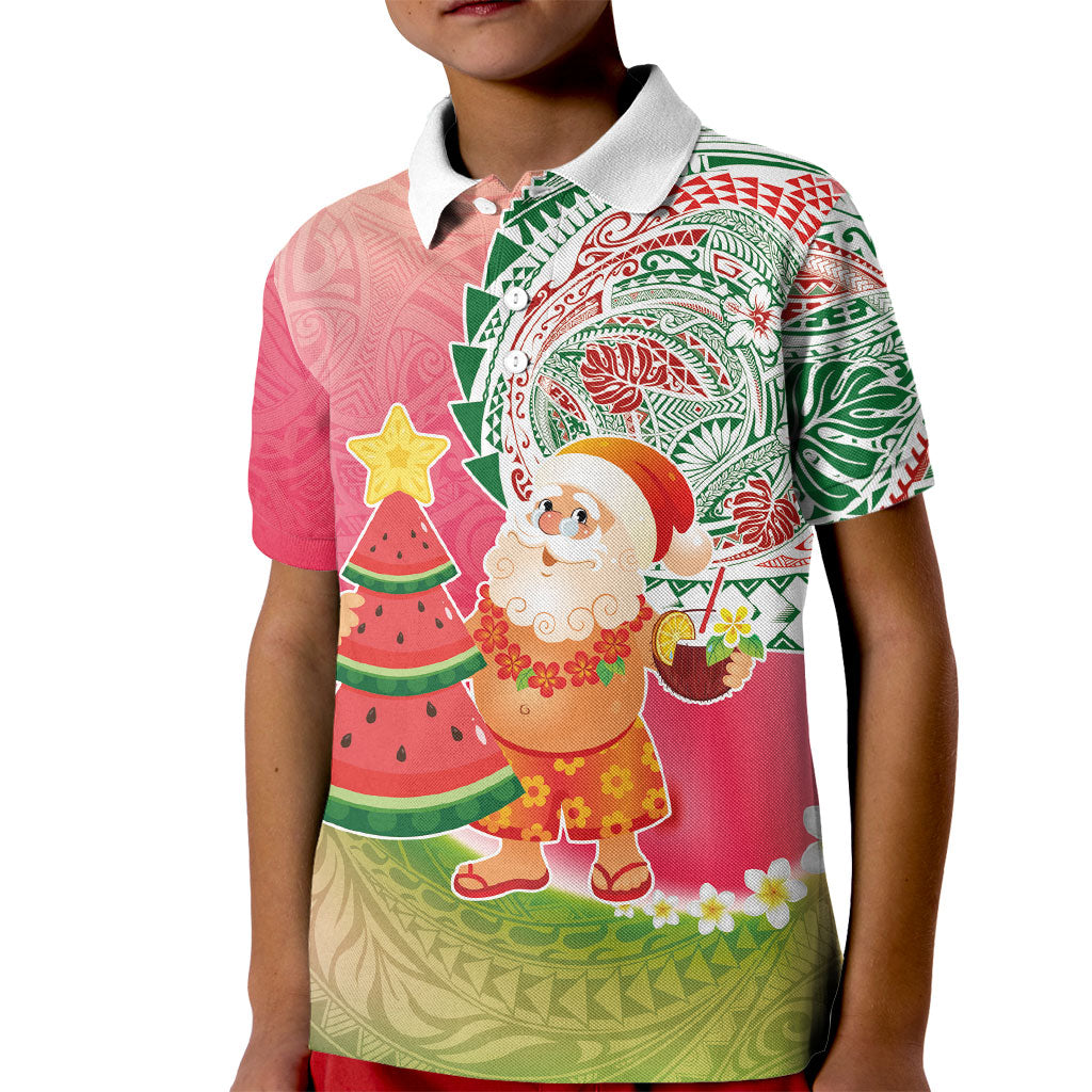 Hawaiian Watermelon Mele Kalikimaka Kid Polo Shirt Tropical Tribal Pattern with Funny Santa Claus LT03 Kid Multicolor - Polynesian Pride