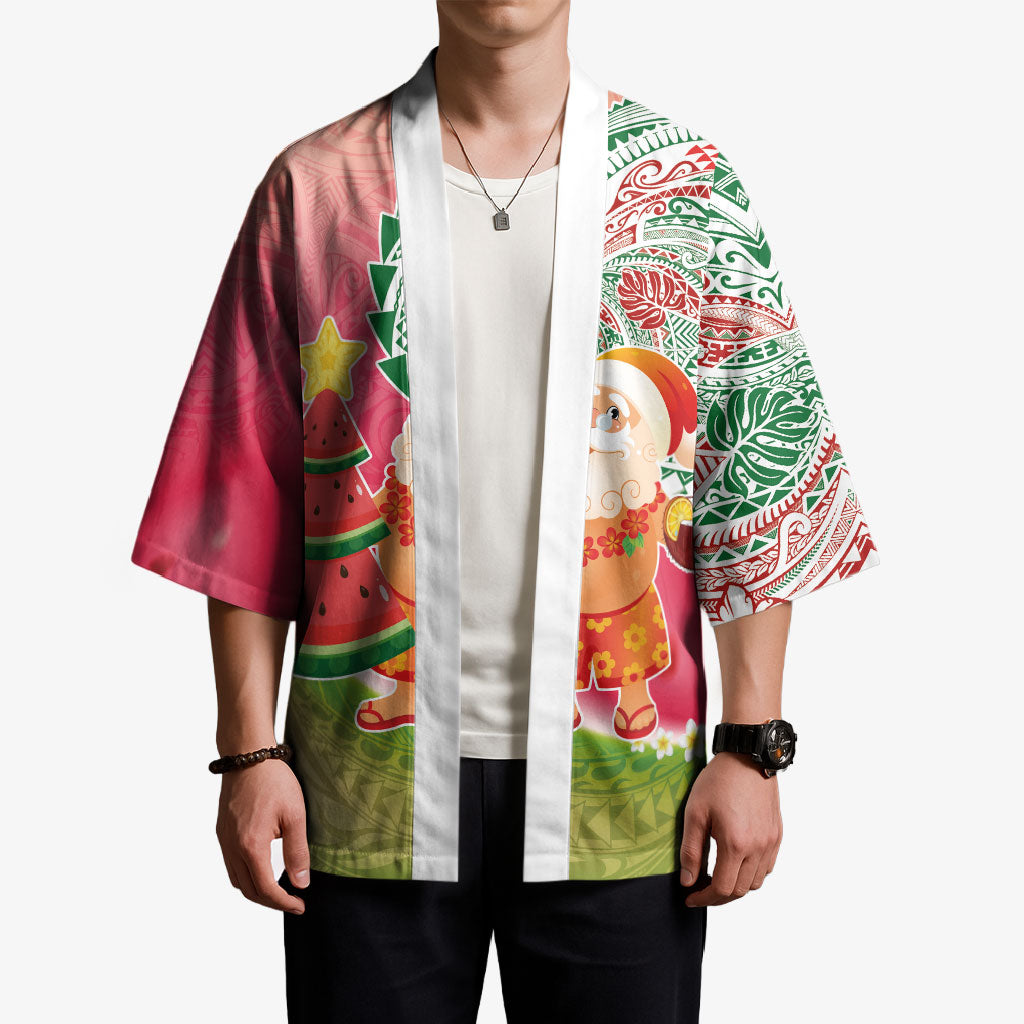 Hawaiian Watermelon Mele Kalikimaka Kimono Tropical Tribal Pattern with Funny Santa Claus LT03 - Polynesian Pride