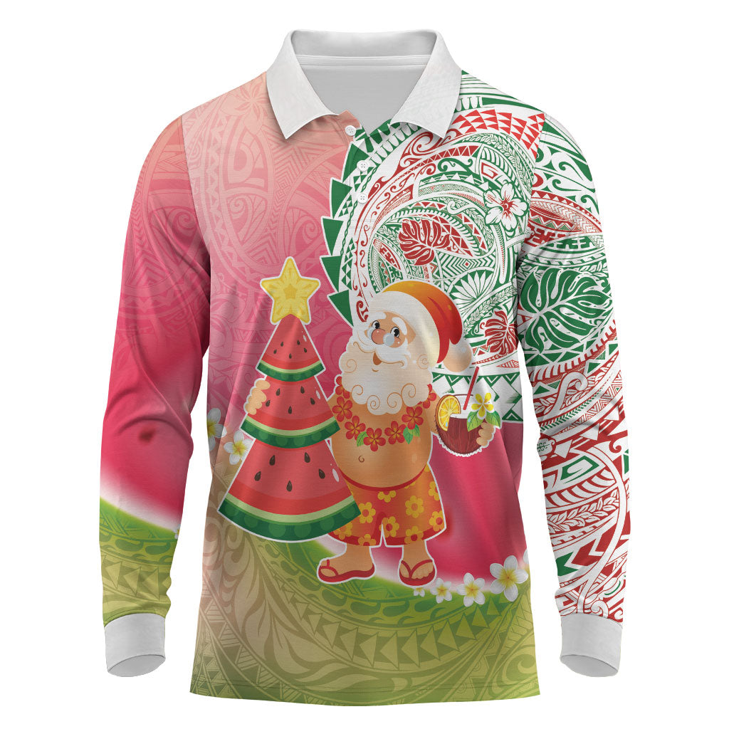 Hawaiian Watermelon Mele Kalikimaka Long Sleeve Polo Shirt Tropical Tribal Pattern with Funny Santa Claus LT03 Multicolor - Polynesian Pride