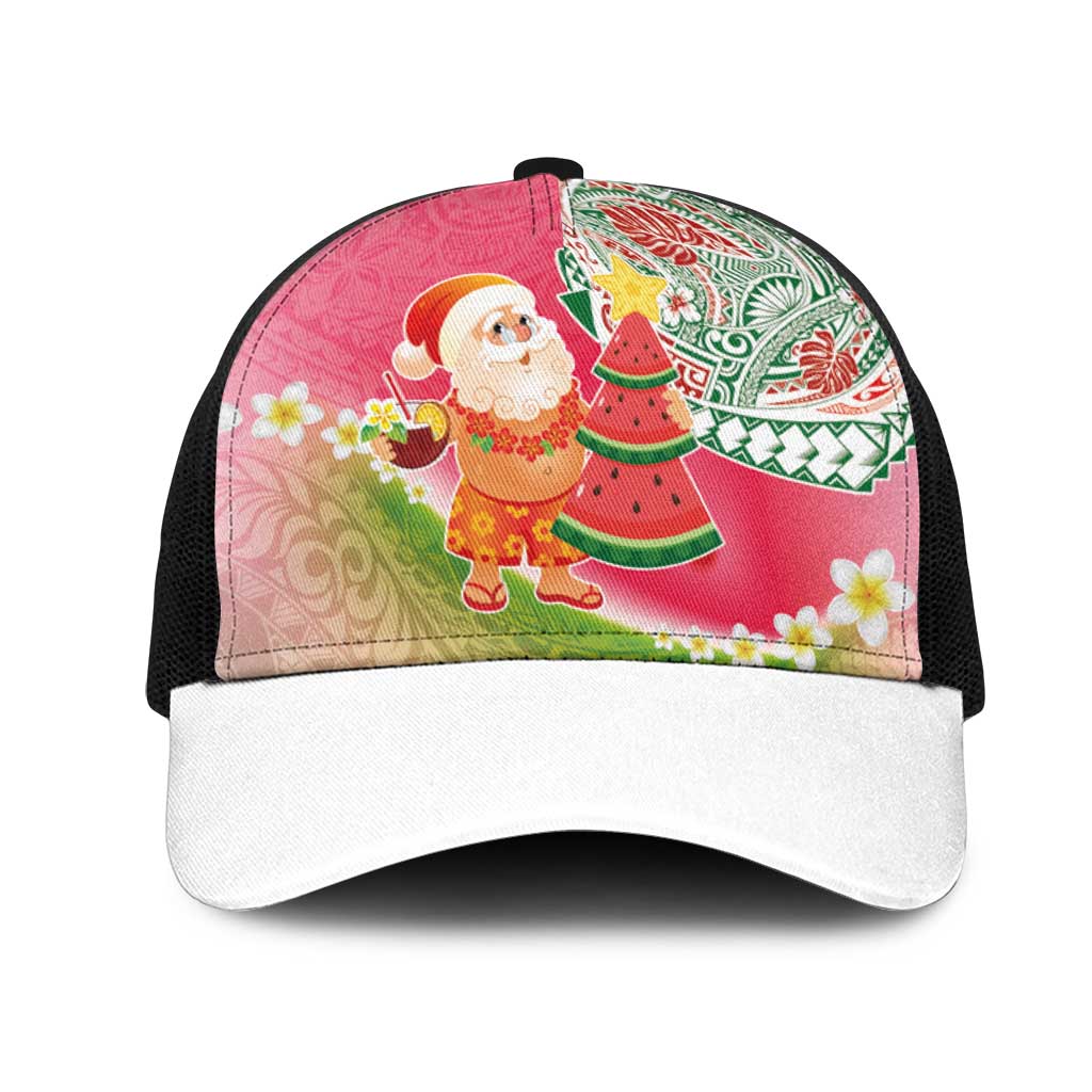 Hawaiian Watermelon Mele Kalikimaka Mesh Trucker Cap Tropical Tribal Pattern with Funny Santa Claus LT03 One Size Black Multicolor - Polynesian Pride