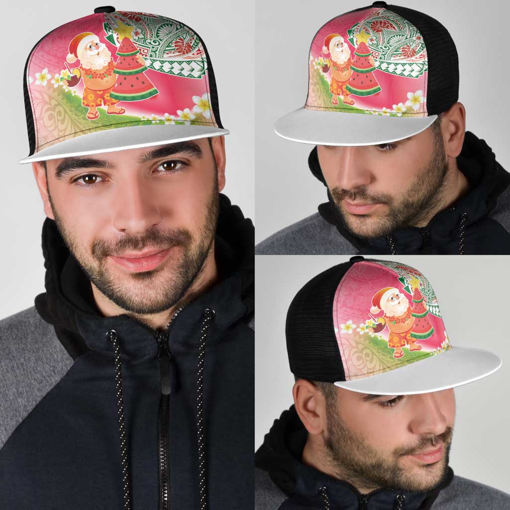 Hawaiian Watermelon Mele Kalikimaka Mesh Trucker Cap Tropical Tribal Pattern with Funny Santa Claus LT03 - Polynesian Pride