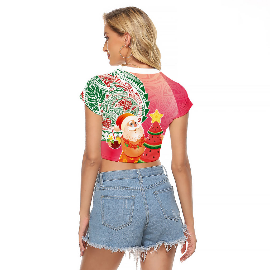 Hawaiian Watermelon Mele Kalikimaka Raglan Cropped T Shirt Tropical Tribal Pattern with Funny Santa Claus LT03 - Polynesian Pride