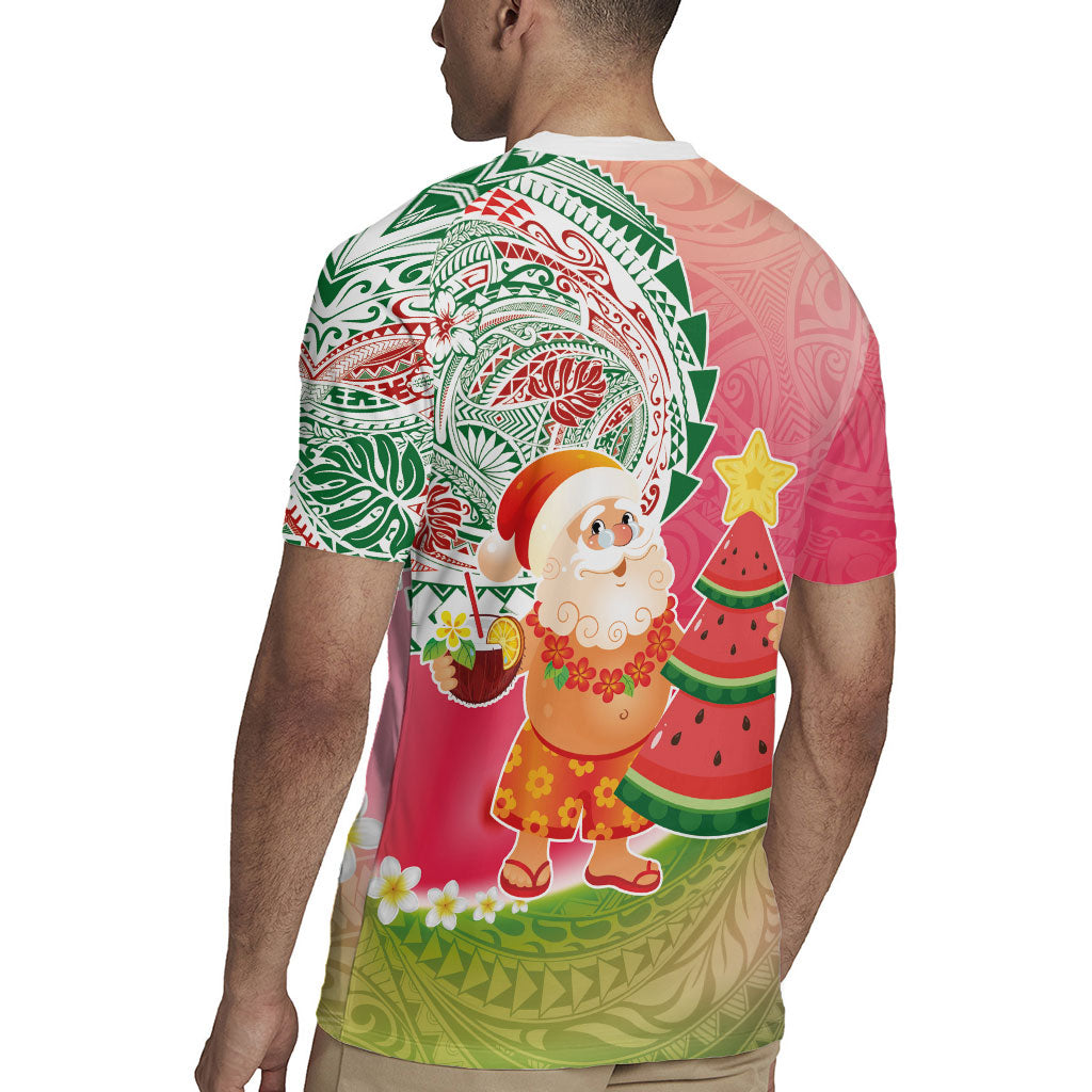 Hawaiian Watermelon Mele Kalikimaka Rugby Jersey Tropical Tribal Pattern with Funny Santa Claus LT03 - Polynesian Pride